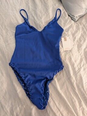 NWT Good American Whipstitch One Piece Swimsuit Capri Blue Size S